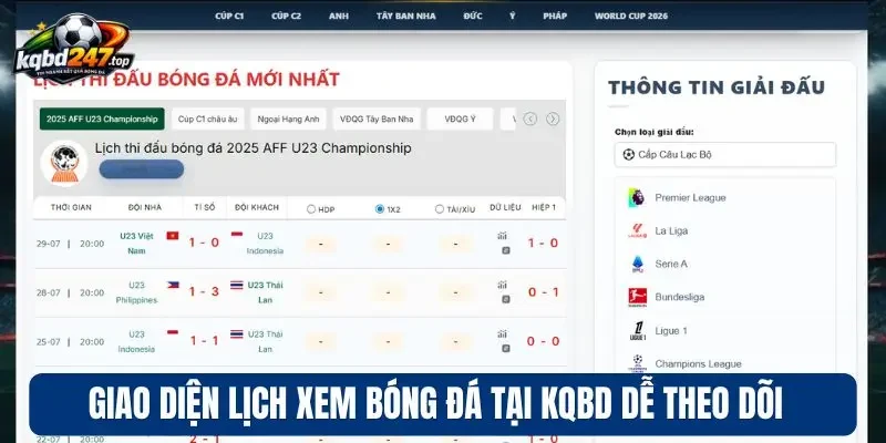 Lịch thi đấu 91 Giao diện lịch xem bóng đá tại KQBD dễ theo dõi